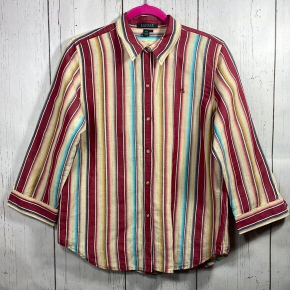 Lauren Ralph Lauren  Vintage Linen Cotton Blend Striped 3/4 Sleeve Button Down - Picture 1 of 14